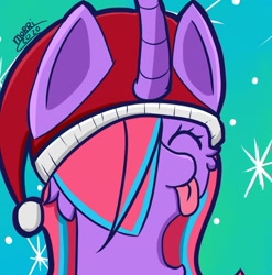 Size: 988x999 | Tagged: safe, artist:backgroundpony#f352, imported from derpibooru, oc, oc only, pony, unicorn, christmas, eyes closed, female, hat, holiday, horn, mare, santa hat, signature, solo, tongue out