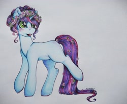 Size: 3587x2921 | Tagged: safe, artist:dexterisse, imported from derpibooru, oc, oc:flower crown, unicorn, female, horn, mare, simple background, solo, traditional art, unicorn oc, white background