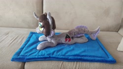 Size: 5312x2988 | Tagged: safe, artist:dixierarity, imported from derpibooru, half-siren, hybrid, pony, blanket, commission, curved horn, fins, fish tail, horn, irl, kellin quinn, male, photo, plushie, ponified, scales, slit pupils, solo, tail