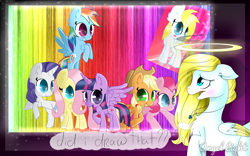 Size: 2220x1388 | Tagged: safe, artist:angellightyt, imported from derpibooru, applejack, fluttershy, pinkie pie, rainbow dash, rarity, twilight sparkle, oc, oc:angel light, alicorn, earth pony, pegasus, pony, unicorn, female, halo, jewelry, mane six, mare, necklace, pegasus oc, twilight sparkle (alicorn)