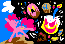 Size: 1316x900 | Tagged: safe, artist:msponies, imported from derpibooru, pinkie pie, earth pony, pony, animate object, cake, candle, cookie, donut, evil, exclamation point, female, food, g4, heart, heartbreak, mare, ms paint, muffin, open mouth, open smile, skull, smiling, sparkles, stars, strawberry, surprised, tail, x eyes