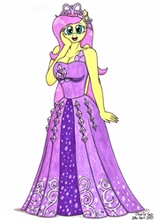 Size: 2467x3493 | Tagged: safe, artist:killerteddybear94, imported from derpibooru, fluttershy, anthro, pegasus, big breasts, breasts, busty fluttershy, clothes, crown, cute, dress, female, fluttershy day, gown, hand on face, high res, jewelry, looking at you, mare, open mouth, princess fluttershy, regalia, shyabetes, smiling, solo, traditional art, weapons-grade cute