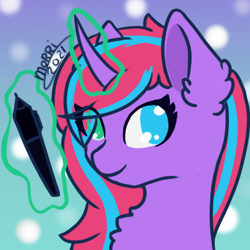 Size: 334x334 | Tagged: safe, artist:backgroundpony#f352, imported from derpibooru, oc, oc only, pony, unicorn, eyes open, female, horn, magic, mare, pen, signature, solo