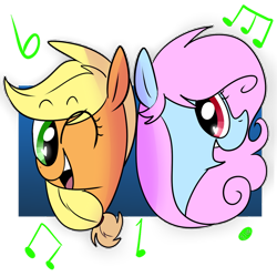 Size: 1024x1024 | Tagged: safe, artist:chandelurres, imported from derpibooru, applejack, oc, oc:diamond dusk, earth pony, pegasus, pony, duo, female, mare, music notes, one eye closed, simple background, transparent background