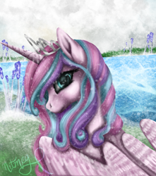Size: 590x666 | Tagged: safe, artist:nutmeg04, imported from derpibooru, princess flurry heart, alicorn, pony, crown, crystal, female, jewelry, looking at you, looking back, looking back at you, mare, multicolored hair, regalia, solo, water, wings