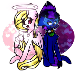 Size: 596x563 | Tagged: safe, artist:angellightyt, artist:doctresswhooves11, imported from derpibooru, oc, oc only, oc:angel light, pegasus, pony, chest fluff, collaboration, duo, female, halo, mare, pegasus oc, simple background, smiling, transparent background