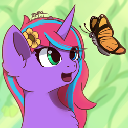 Size: 500x500 | Tagged: safe, artist:backgroundpony#f352, imported from derpibooru, oc, oc only, butterfly, pony, unicorn, eyes open, female, flower, horn, mare, signature, solo