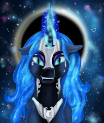 Size: 3970x4706 | Tagged: safe, artist:nutmeg04, imported from derpibooru, nightmare moon, alicorn, pony, armor, crying, ethereal mane, jewelry, moon, regalia, solo, starry background, starry mane