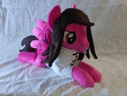 Size: 4096x3072 | Tagged: safe, artist:bluedragonflyplush, imported from derpibooru, pegasus, pony, clothes, commission, irl, lip piercing, lying down, male, mike fuentes, photo, pierce the veil, piercing, plushie, ponified, prone, shirt, spread wings, stallion, t-shirt, wings
