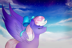 Size: 1500x1000 | Tagged: safe, artist:angellightyt, imported from derpibooru, oc, oc only, pegasus, pony, cloud, eyes closed, female, mare, night, outdoors, pegasus oc, solo, stars, wings