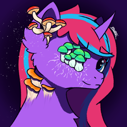 Size: 500x500 | Tagged: safe, artist:backgroundpony#f352, imported from derpibooru, oc, oc only, pony, unicorn, eyes open, female, halloween 2022, horn, mare, mushroom, signature, solo