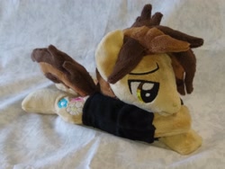 Size: 4096x3072 | Tagged: safe, artist:bluedragonflyplush, imported from derpibooru, earth pony, pony, beanie (plushie), clothes, commission, hoodie, horn, irl, lying down, male, panic! at the disco, photo, plushie, ponified, prone, ryan ross, shirt, solo, stallion, t-shirt