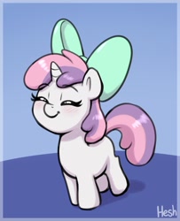 Size: 1509x1857 | Tagged: safe, artist:heretichesh, imported from derpibooru, sweetie belle, pony, unicorn, alternate hairstyle, blushing, bow, cute, diasweetes, female, filly, foal, gradient background, hair bow, mane swap, signature, smiling, solo