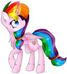 Size: 831x924 | Tagged: safe, artist:angellightyt, imported from derpibooru, oc, oc only, alicorn, pony, alicorn oc, female, glowing, glowing horn, horn, looking back, mare, multicolored hair, rainbow hair, raised hoof, simple background, solo, transparent background, wings