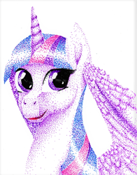 Size: 488x622 | Tagged: safe, artist:nutmeg04, imported from derpibooru, twilight sparkle, alicorn, pony, female, looking at you, mare, simple background, smiling, solo, stippling, twilight sparkle (alicorn)