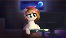 Size: 2893x1700 | Tagged: safe, artist:taiweiart, imported from derpibooru, oc, oc only, earth pony, pony, bust, crescent moon, ear fluff, glasses, indoors, library, male, moon, solo, stallion
