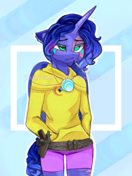 Size: 768x1024 | Tagged: safe, artist:taiweiart, imported from derpibooru, oc, oc only, alicorn, anthro, abstract background, alicorn oc, clothes, frown, horn, shorts, solo, tattoo, wings