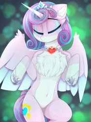 Size: 1875x2500 | Tagged: safe, alternate version, artist:taiweiart, imported from derpibooru, princess flurry heart, alicorn, pony, abstract background, belly button, bipedal, chest fluff, coat markings, colored ear fluff, colored horn, colored wings, ear fluff, eyes closed, female, horn, jewelry, mare, older, older flurry heart, pale belly, partially open wings, regalia, socks (coat markings), solo, two toned wings, wings