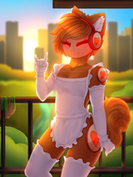 Size: 1875x2500 | Tagged: safe, artist:taiweiart, imported from derpibooru, anthro, cyborg, apron, clothes, ear fluff, evening gloves, gloves, headphones, long gloves, naked apron, outdoors, partial nudity, peace sign, ponified, protogen, smiling, solo