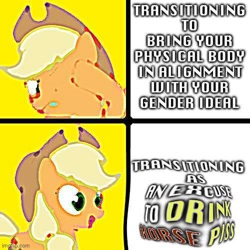Size: 500x500 | Tagged: safe, imported from ponybooru, applejack, dank memes, deep fried meme, distorted, distortion, exploitable meme, implied piss drinking, implied transgender, low quality, low quality bait, meme, premarin