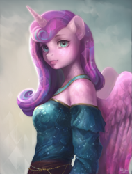 Size: 2013x2653 | Tagged: safe, artist:hirichie, imported from derpibooru, princess flurry heart, alicorn, anthro, crystal pony, clothes, digital art, dress, female, g4, horn, jewelry, looking at you, older, older flurry heart, sky, wings