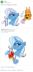 Size: 387x848 | Tagged: safe, artist:anonymous, imported from ponybooru, trixie, english, fire, glasses, it's over, meta, soyjak, text, trans pride flag, transgender, x (platform)