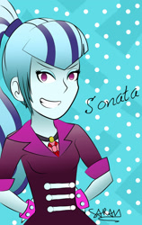 Size: 1024x1617 | Tagged: safe, artist:sarahstudios11, imported from derpibooru, sonata dusk, equestria girls, disguise, disguised siren, female, grin, simple background, smiling, solo