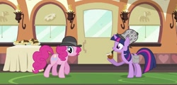 Size: 706x338 | Tagged: safe, imported from derpibooru, screencap, pinkie pie, twilight sparkle, earth pony, pony, unicorn, mmmystery on the friendship express, bag, bubble pipe, deerstalker, eclair, food, friendship express, hat, locomotive, pipe, saddle bag, sherlock sparkle, steam locomotive, train, unicorn twilight