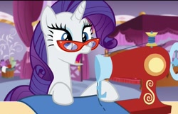 Size: 625x403 | Tagged: safe, imported from derpibooru, screencap, rarity, canterlot boutique, glasses, rarity's glasses, sewing machine, solo