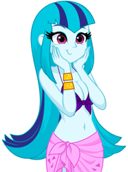 Size: 947x1273 | Tagged: safe, artist:rosemile mulberry, imported from derpibooru, sonata dusk, human, equestria girls, bare shoulders, belly button, bikini, breasts, cleavage, clothes, cute, female, hands on cheeks, loose hair, sarong, simple background, sleeveless, solo, sonatabetes, swimsuit, updated design, white background