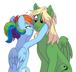 Size: 1077x1024 | Tagged: artist needed, safe, imported from derpibooru, rainbow dash, oc, oc:anon stallion, earth pony, pegasus, pony, alternate hairstyle, blonde, blonde hair, canon x oc, hair over eyes, motherly, ponytail