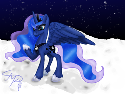 Size: 800x600 | Tagged: safe, artist:nutmeg04, imported from derpibooru, princess luna, alicorn, pony, ethereal mane, female, mare, on the moon, raised hoof, solo, spread wings, starry background, starry mane, starry tail, tail, wings