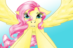 Size: 874x574 | Tagged: safe, artist:nutmeg04, imported from derpibooru, fluttershy, pegasus, pony, female, lip bite, looking at you, mare, reaching, simple background, solo, spread wings, wings