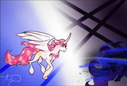 Size: 856x578 | Tagged: safe, artist:nutmeg04, imported from derpibooru, nightmare moon, princess celestia, princess luna, alicorn, pony, duo, female, fight, mare, pink-mane celestia, simple background