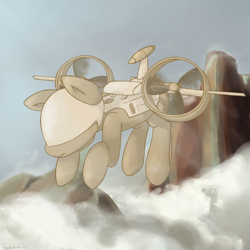 Size: 2500x2500 | Tagged: dead source, safe, artist:keeponhatin, imported from derpibooru, oc, oc only, oc:droner, original species, plane pony, pony, ares drone, cloud, cloudy, detailed background, drone, floating, flying, looking at something, no eyes, plane, propeller, scenery, solo, water, waterfall