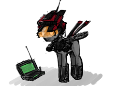 Size: 1377x980 | Tagged: artist needed, safe, imported from derpibooru, oc, oc only, unnamed oc, original species, plane pony, pony, computer, drone, gun, helmet, looking at you, machine gun, minigun, plane, simple background, solo, standing, visor, vulcan, weapon, white background