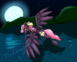 Size: 1800x1450 | Tagged: safe, artist:nutmeg04, imported from derpibooru, shoreline, oc, oc only, pegasus, pony, female, flying, full moon, looking at you, looking back, looking back at you, mare, moon, mountain, mountain range, solo, starry sky, wave