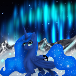 Size: 2048x2048 | Tagged: safe, artist:nutmeg04, imported from derpibooru, princess luna, alicorn, pony, aurora borealis, ethereal mane, female, looking at you, mare, mountain, mountain range, side view, solo, starry mane, starry sky, starry tail, tail, winter