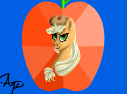 Size: 765x563 | Tagged: safe, artist:nutmeg04, imported from derpibooru, applejack, earth pony, pony, apple, bust, female, food, hat, looking at you, mare, simple background, solo