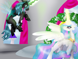 Size: 1600x1200 | Tagged: safe, artist:nutmeg04, imported from derpibooru, princess celestia, queen chrysalis, alicorn, changeling, pony, canterlot, duo, facing each other, female, glowing, glowing horn, horn, mare, royal wedding, stare