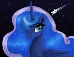 Size: 2975x2326 | Tagged: safe, artist:nutmeg04, imported from derpibooru, princess luna, alicorn, pony, ethereal mane, female, looking at you, mare, solo, starry background, starry mane