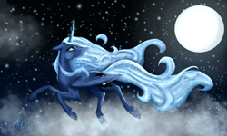 Size: 4812x2887 | Tagged: safe, artist:nutmeg04, imported from derpibooru, princess luna, alicorn, pony, ethereal mane, female, full moon, glowing, glowing horn, horn, looking back, mare, moon, side view, solo, starry background, starry mane, starry tail, tail