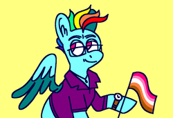 Size: 1316x900 | Tagged: safe, artist:msponies, imported from derpibooru, rainbow dash, pegasus, pony, butch, clothes, female, g4, glasses, lesbian pride flag, looking away, mare, ms paint, pride, pride flag, requested art, shirt, simple background, smiling, solo, spread wings, watch, wings, yellow background