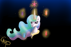 Size: 1200x800 | Tagged: safe, artist:nutmeg04, imported from derpibooru, princess celestia, alicorn, pony, bust, element of generosity, element of honesty, element of kindness, element of laughter, element of loyalty, element of magic, elements of harmony, female, frown, glowing, glowing horn, horn, jewelry, mare, regalia, sad, simple background, solo
