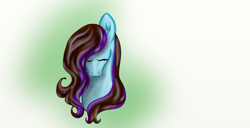Size: 1366x698 | Tagged: safe, artist:nutmeg04, imported from derpibooru, oc, oc only, oc:nutmeg, earth pony, pony, bust, earth pony oc, eyes closed, female, looking down, mare, multicolored hair, simple background, solo