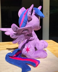 Size: 1662x2048 | Tagged: safe, artist:rtryart, imported from derpibooru, twilight sparkle, alicorn, pony, female, horn, irl, mare, photo, plushie, sitting, smiling, solo, spread wings, twilight sparkle (alicorn), wings