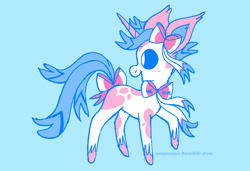 Size: 1316x900 | Tagged: safe, artist:msponies, imported from derpibooru, pony, sylveon, unicorn, bow, freckles, light blue background, male, ms paint, open mouth, open smile, pokémon, raised hoof, simple background, smiling, solo, species swap, tail, tail bow, unshorn fetlocks