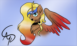 Size: 1000x600 | Tagged: safe, artist:nutmeg04, imported from derpibooru, oc, oc only, alicorn, pony, choker, female, mare, multicolored hair, simple background, solo, spread wings, wings