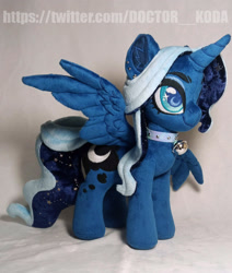 Size: 1920x2261 | Tagged: safe, artist:doctorkoda, imported from derpibooru, princess luna, alicorn, pony, alternate design, bell, collar, female, horn, irl, mare, photo, plushie, solo, spread wings, standing, wings