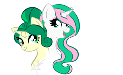 Size: 1140x701 | Tagged: safe, artist:gummysharkcircus, imported from derpibooru, oc, oc only, oc:felicity, oc:mareiena mossrock, pony, bust, duo, simple background, solo, transparent background